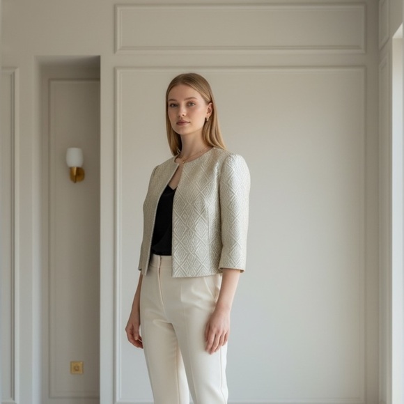 Max Mara Pianoforte Metallic Brocade Silk-Lined Jacket | Silver Blue | Sz 6 - Picture 14 of 14